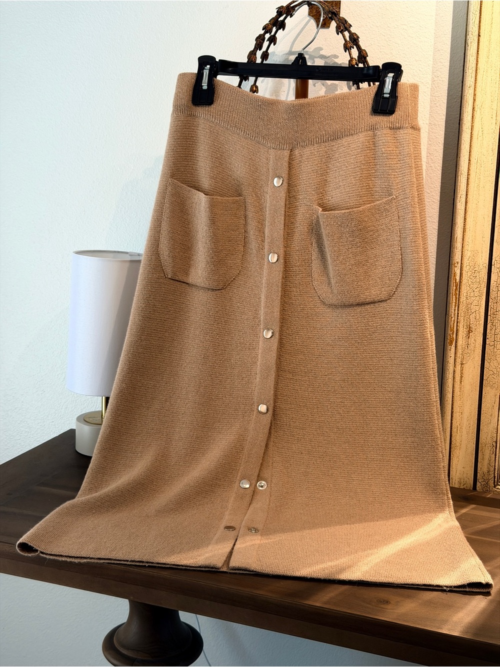 Rachel Comey Knit Button-Front A-Line Skirt in Camel. Button front